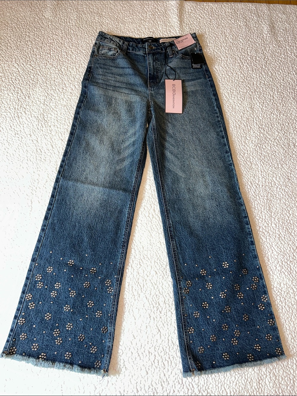 BCBGeneration Medium Blue Wide-Leg Jeans with Floral Studs